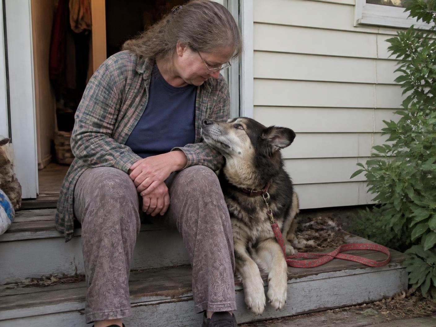 A woman sitting on her front steps sharing a calm look with her mixed-breed dog