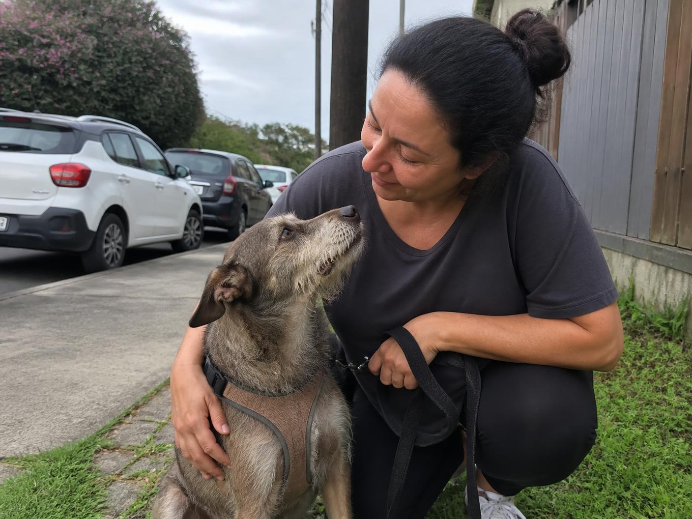 A woman sharing a calm moment with her mixed-breed dog after a neighborhood walk