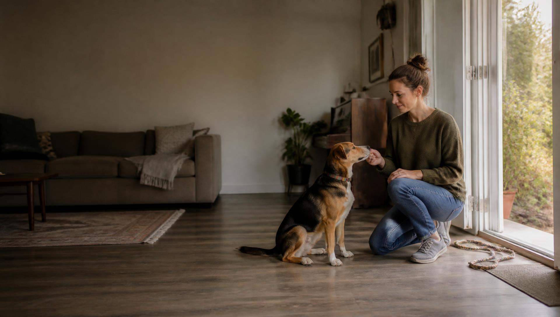 A dog owner rewarding her dog during a relaxed training moment at home