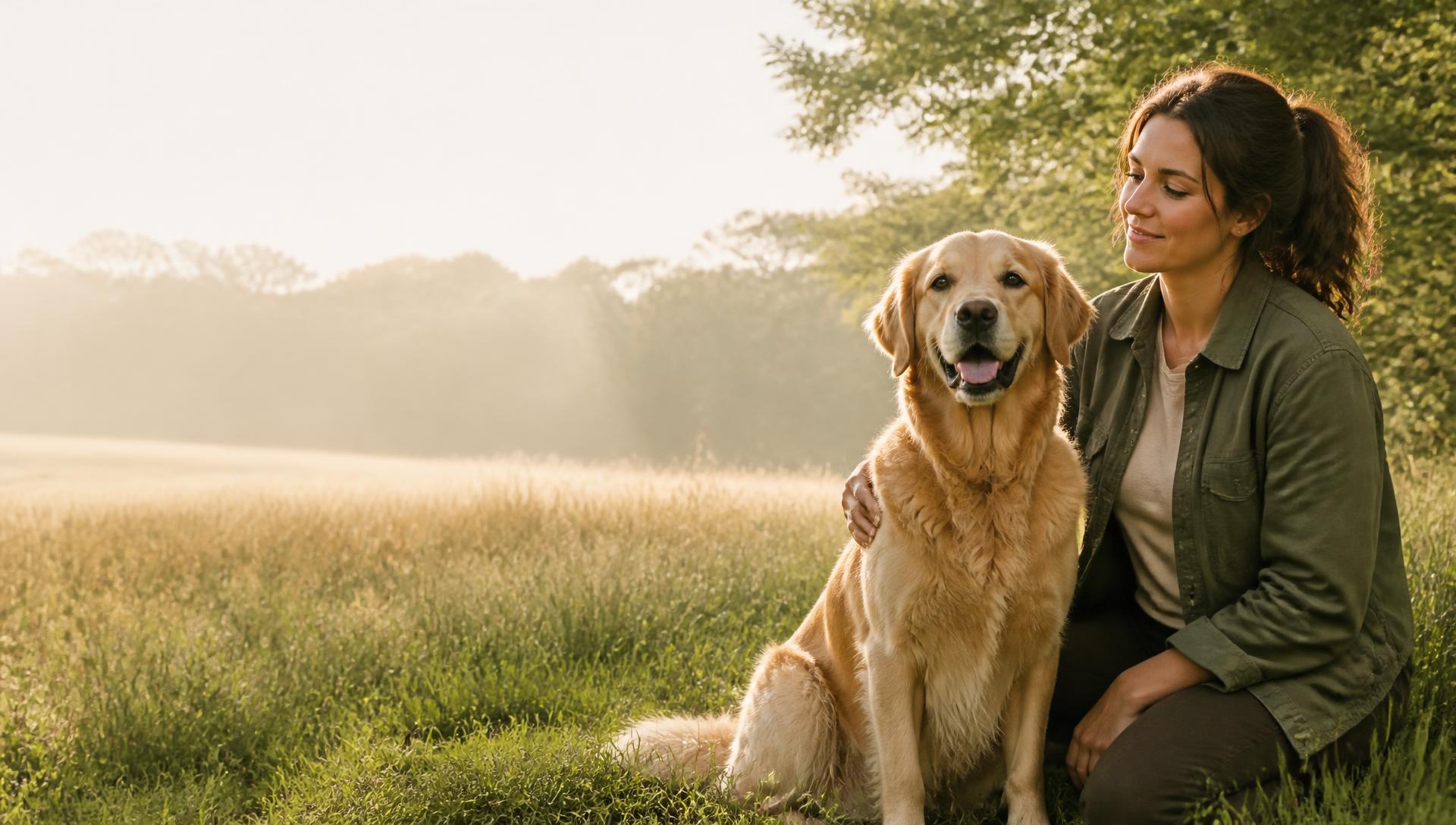A calm dog and owner enjoying a trusting moment outdoors